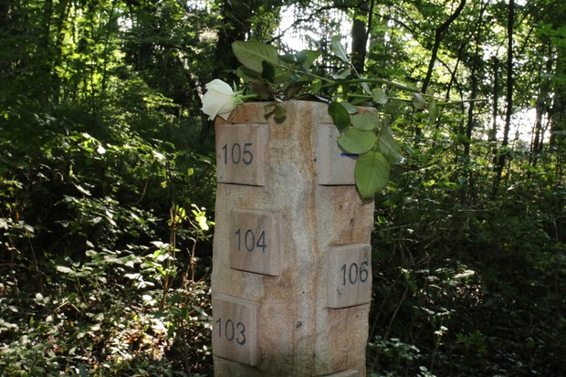 Eine Sandsteinstele mit quadratischen Zahlenkästchen. Eine weisse Rose liegt auf der Stele