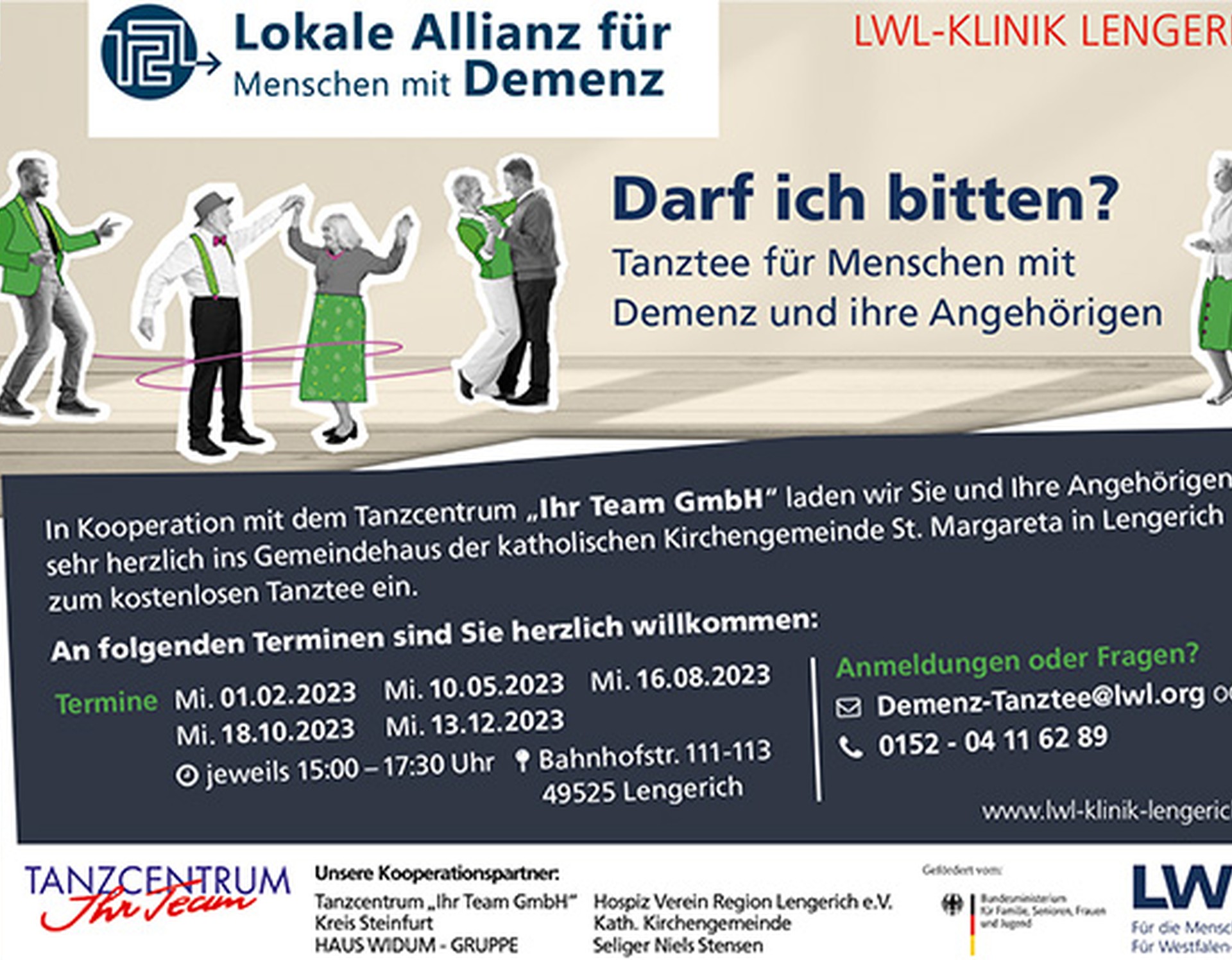 Postkarte mit Informationen zu einer Tanzteeveranstaltung für Demenzerkrankte