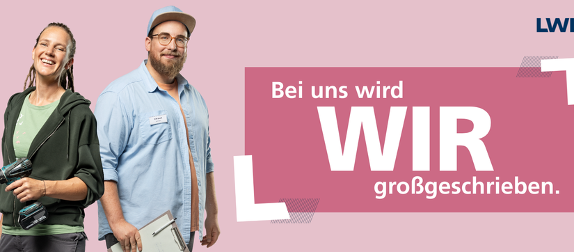 Eine Frau und ein Mann neben dem Text "Bei uns wird WIR großgeschrieben"