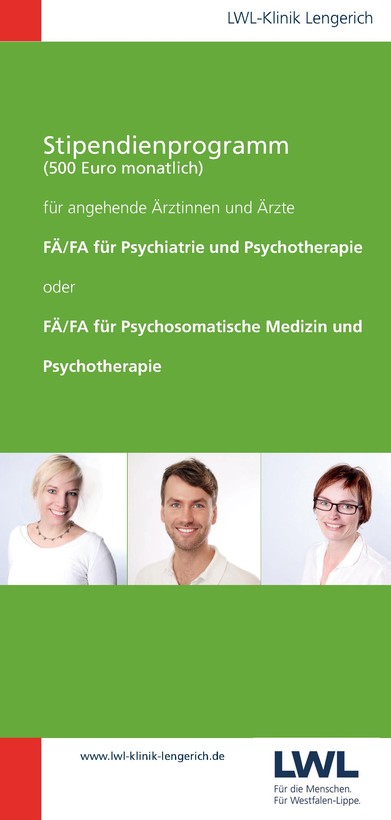 Titelseite Broschüre Stipendienprogramm für angehende Ärztinnen und Ärzte. Zwei Frauen und ein Mann lächeln.