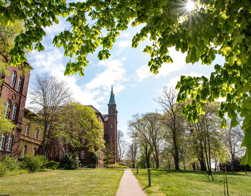 Ein dreistöckiges Backsteingebäude mit zwei Türmen, rechts davor Rasen und hohe Bäume, durch die die Sonne scheint. Foto: Henrike Hochschulz