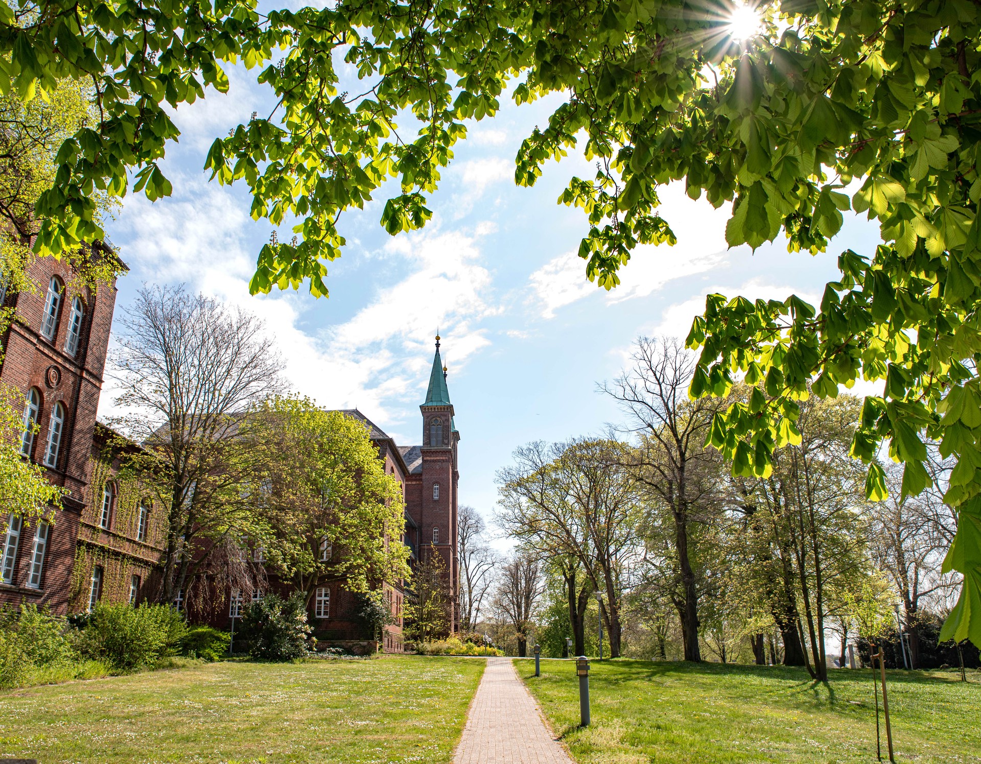 Ein dreistöckiges Backsteingebäude mit zwei Türmen, rechts davor Rasen und hohe Bäume, durch die die Sonne scheint. Foto: Henrike Hochschulz