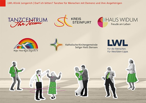 Eine Postkarte, auf der sieben tanzende Personen und Logos verschiedener Einrichtungen abgebildet sind