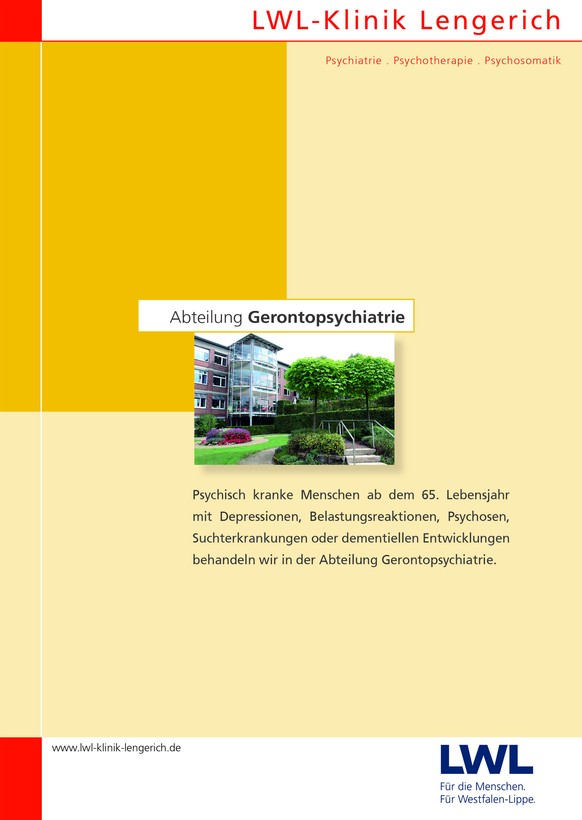 Die gelbe Titelseite der Abteilung Gerontopsychiatrie der LWL-Klinik Lengerich mit dem Foto eines dreistöckigen Hauses und Wintergärten.