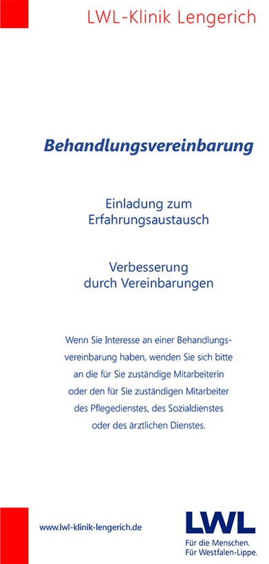 Auf einem weißen Flyer steht in blauer Schrift Behandlungsvereinbarung.