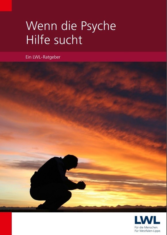 Titelblatt des LWL-Ratgebers "Wenn die Psyche Hilfe sucht". Ein Mann sitzt in der Hocke, dahinter ein Sonnenuntergang mit roten und gelben Farben