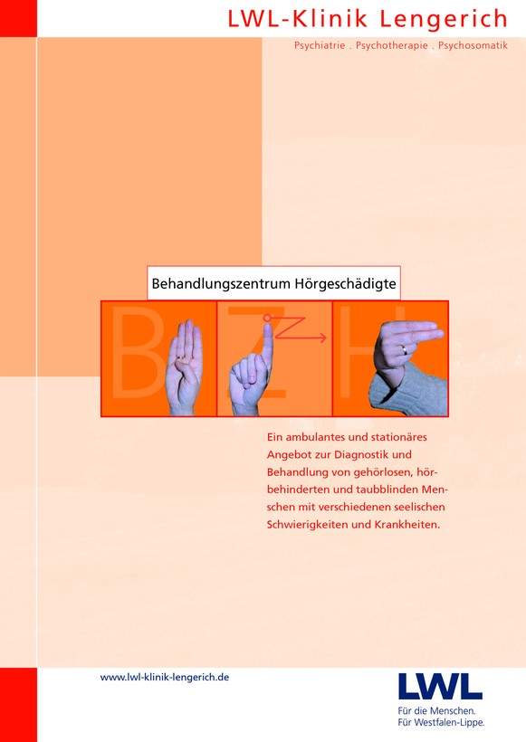 Die terracottafarbene Titelseite des Behandlungszentrums Hörgeschädigte mit Fotos der drei Handzeichen "B, Z, H".
