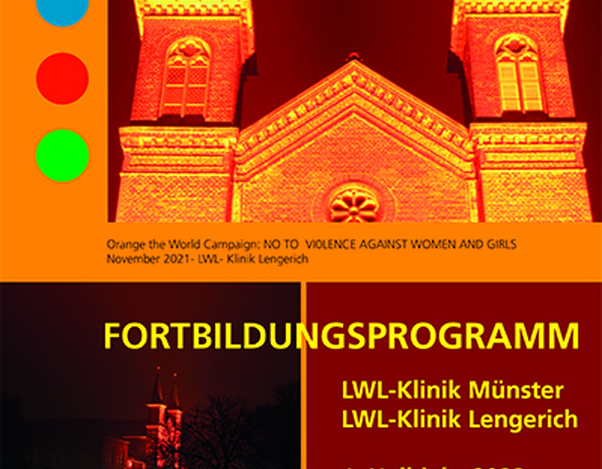 Die Titelseite des Fortbildungsprogramms zeigt das organge beleuchtete Portal mit den beiden Türmen der LWL-Klinik Lengerich