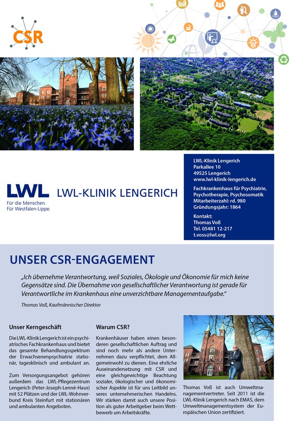 Titelseite der Broschüre "Unser CSR-Engagement" mit drei Fotos der Klinik.