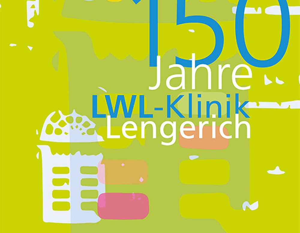 Die Titelseite des Buches 150 Jahre LWL-Klinik Lengerich mit grafischen Elementen in hellgrün, blau und pink