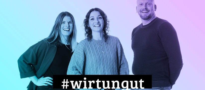blau-lila farbendes Bild mit drei Personen und dem Text #wirtungut