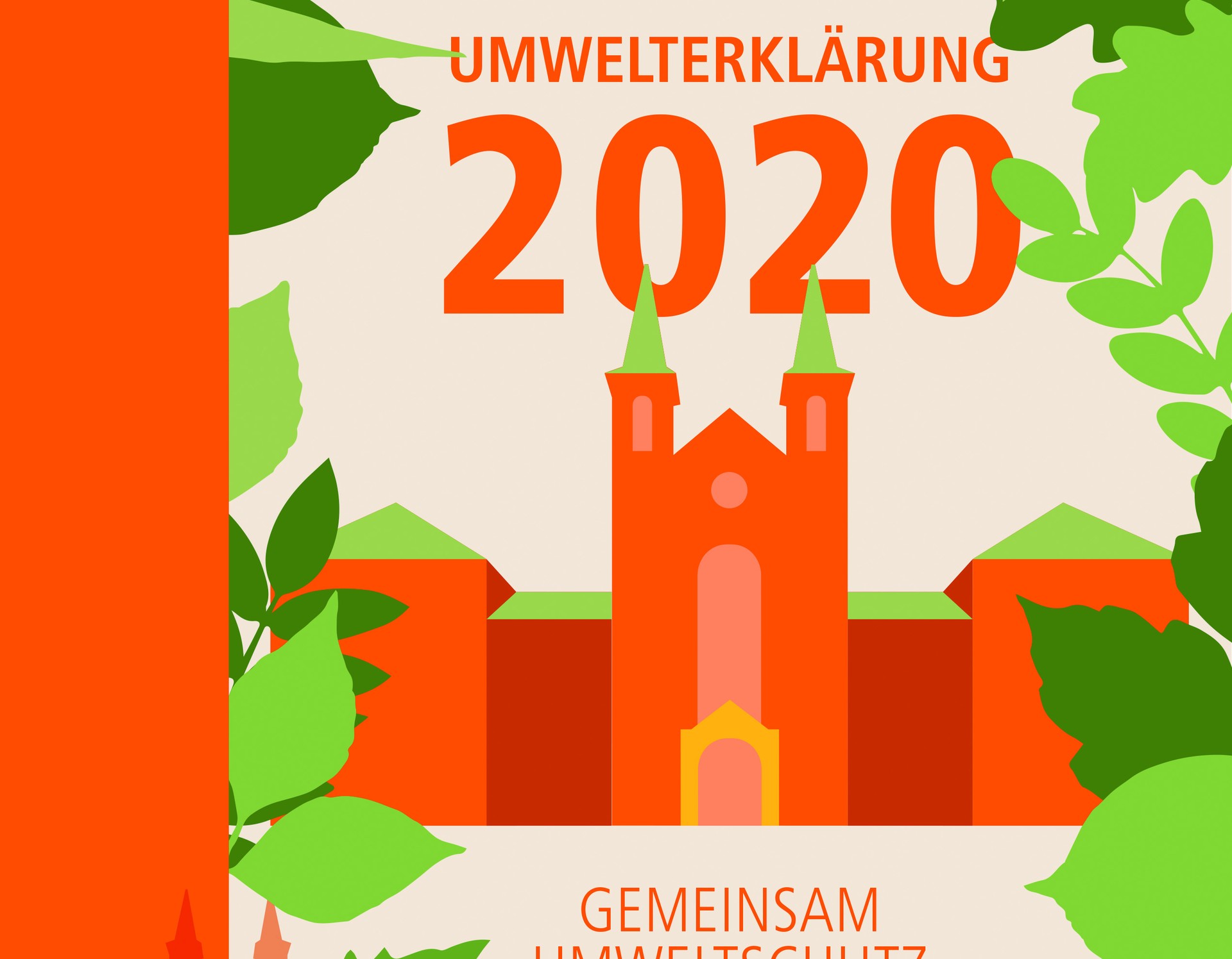 Titelseite der Umwelterklärung 2020 mit grünen und orangefarbenen Grafiken der alten Klinikgebäudes und Pflanzenblättern