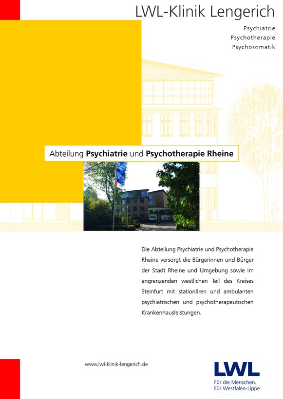 Die gelb-weiße Titelseite der Abteilung Psychiatrie und Psychotherapie Rheine mit dem Foto eines dreistöckigen Gebäudes, davor weht eine blaue Flagge.