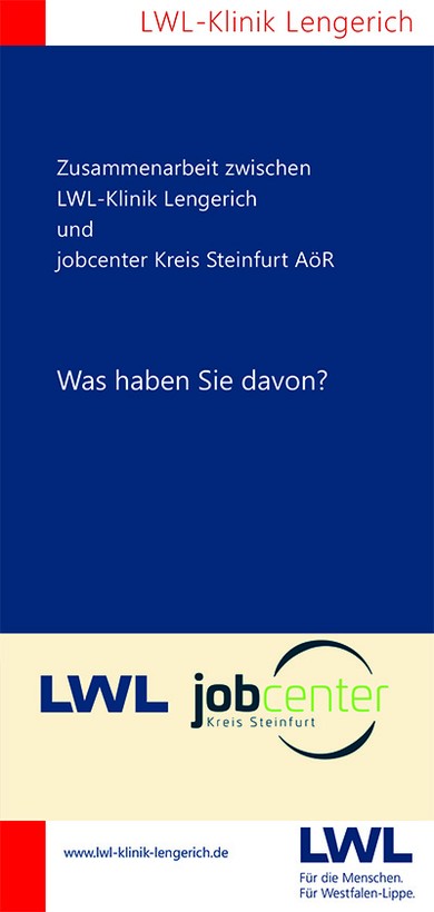 Auf einer blauen Flyertitelseite steht in weißer Schrift: Zusammenarbeit zwischen LWL-Klinik Lengerich und jobcenter Kreis Steinfurt AöR.
