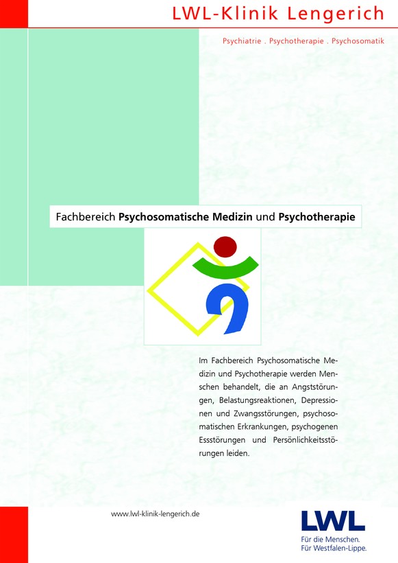 Lindgrüne Titelseite des Bereichs für Psychosomatische Medizin und Psychotherapie mit der Grafik eines Menschen auf einem Bein.