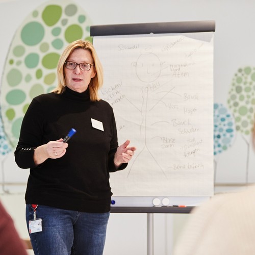 Eine Frau steht vor einem Flipchart