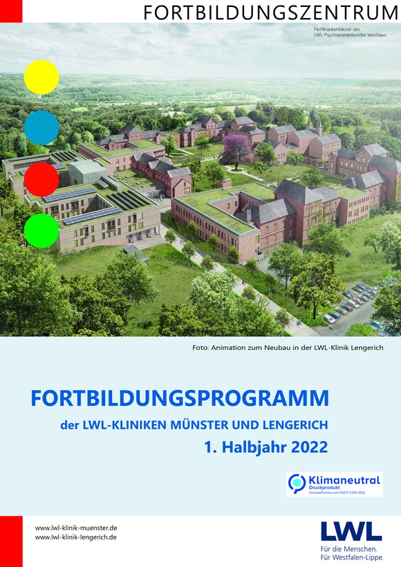 Auf der Titelseite des Fortbildungsprogramms ist die Grafik mit dem geplanten Neubau sowie Altbauten der LWL-Klinik Lengerich